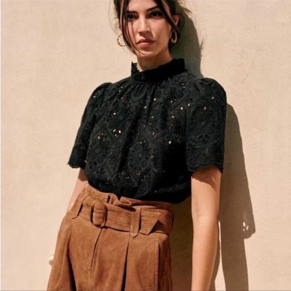Sezane Louisah Eyelet Lace Short Sleeve High Neck Blouse Black Size 34 US 2 - Picture 7 of 7